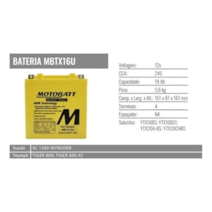 BATERIA MOTOBATT AGM MBTX16U (YTX16-BS / XTZ18S) BOULEVARD 1500 / VULCAN 1500 / VARADERO 1000