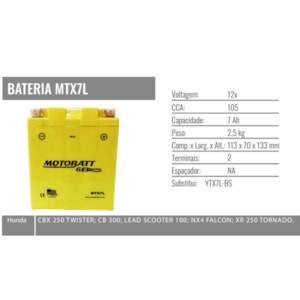 BATERIA MOTOBATT AGM MF7L (YTX7L-BS) LEAD / BROSS / CB300 / FAZER 250 / NINJA 250