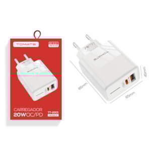 CARREGADOR TURBO QUICK CHARGE ENTRADA USB E TIPO C / CABO COM DUAS TIPO C1M TOMATE TT-2001CC