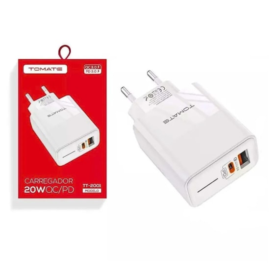 CARREGADOR TURBO QUICK CHARGE ENTRADA USB E TIPO C / CABO COM DUAS TIPO C1M TOMATE TT-2001CC